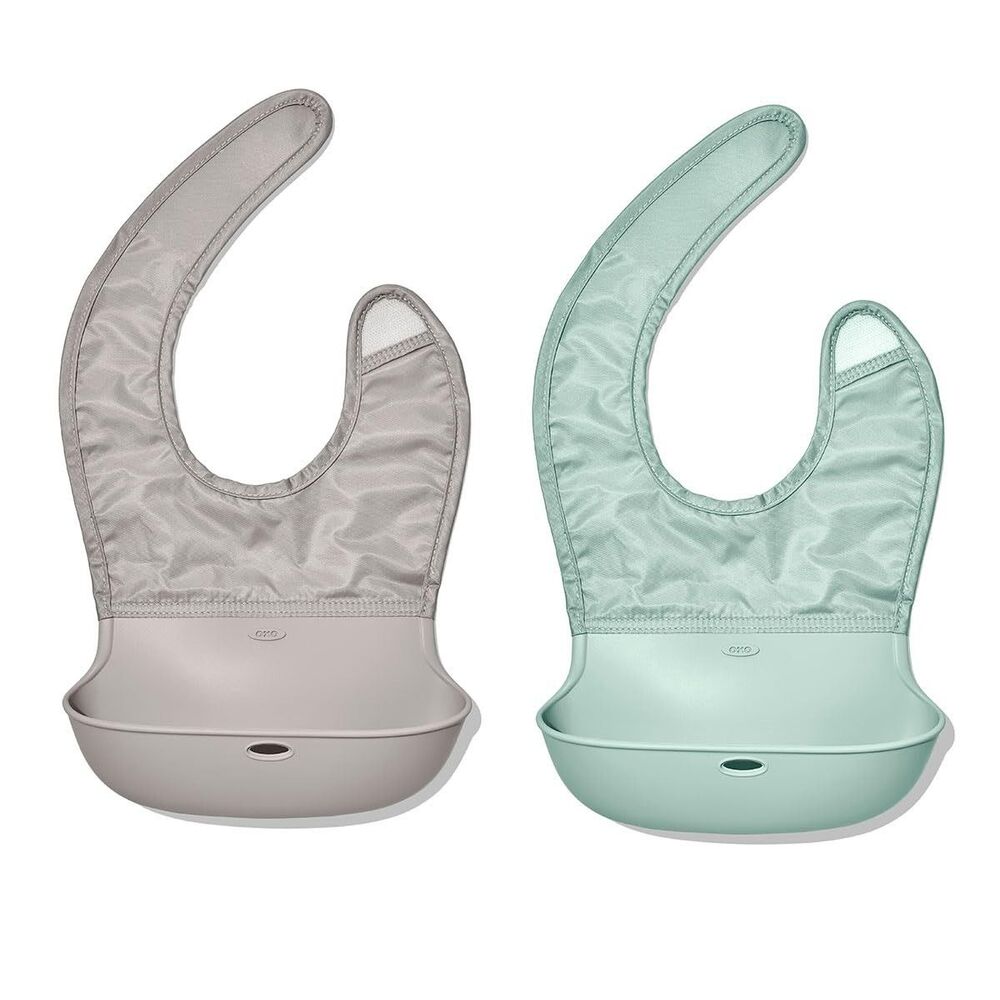 OXO Tot Roll-Up Bib 2 Pack Drizzle Opal Gray Green Feeding Bibs NEW